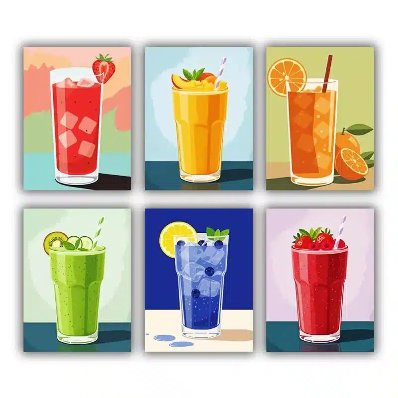 Add a splash of color and fun to your space with our Fresh Drinks Mini Paint by Numbers Set. This lively collection features six refreshing drink illustrations, including fruity juices, smoothies, and citrus beverages. With bright colors and playful designs, each mini canvas is easy and relaxing to paint. When displayed together, they create a cheerful and modern wall decoration perfect for a kitchen, dining area, or creative space