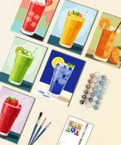 Add a splash of color and fun to your space with our Fresh Drinks Mini Paint by Numbers Set. This lively collection features six refreshing drink illustrations, including fruity juices, smoothies, and citrus beverages. With bright colors and playful designs, each mini canvas is easy and relaxing to paint. When displayed together, they create a cheerful and modern wall decoration perfect for a kitchen, dining area, or creative space