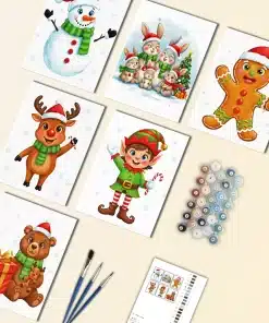 Celebrate the holiday spirit with our Christmas Characters Mini Paint by Numbers Set. This festive collection features six cheerful designs, including a snowman, Santa, a gingerbread man, a reindeer, and other joyful holiday characters. Each mini canvas is easy and fun to paint, making it perfect for relaxing creative time during the season. When displayed together, they create a bright and playful Christmas decoration for your home