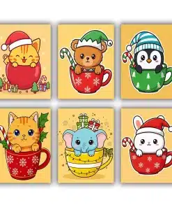 Celebrate the magic of the season with our Christmas Animals Mini Paint by Numbers Set. This joyful collection features six adorable animals dressed in festive holiday outfits, from Santa hats to cozy winter scarves. Designed in bright, cheerful colors, each mini canvas is easy and fun to paint. When displayed together, they create a warm and playful holiday decoration, perfect for kids’ rooms or adding a cute Christmas touch to your home