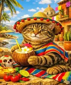 Tabby Cat Wearing A Straw Sombrero Paint By Numbers