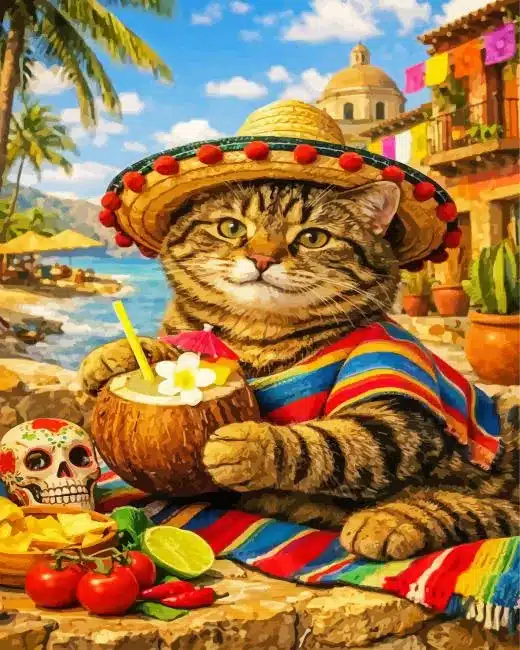 Tabby Cat Wearing A Straw Sombrero Paint By Numbers